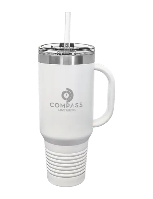 Polar Camel 40 oz. Powder Coated Vacuum Insulated White Travel Mug with Straw w/Compass Logo