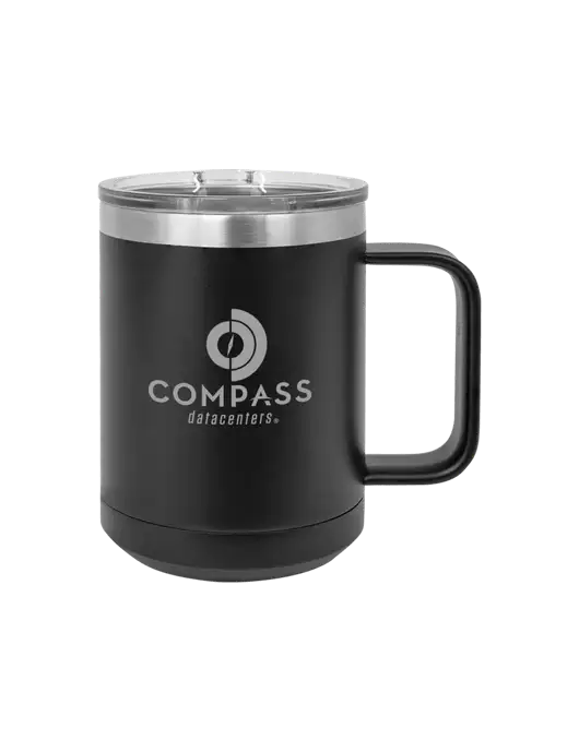 Polar Camel 15 oz Powder Coated Black Vacuum Insulated Mug with Slider Lid w/Compass Logo