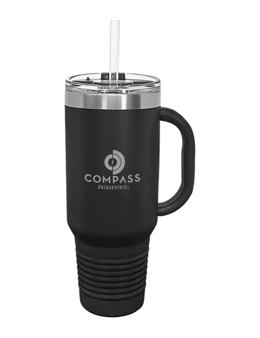 Polar Camel 40 oz. Powder Coated Vacuum Insulated Black Travel Mug with Straw w/Compass Logo