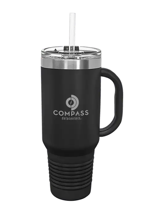 Polar Camel 40 oz. Powder Coated Vacuum Insulated Black Travel Mug with Straw w/Compass Logo