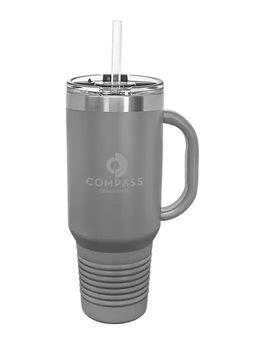 Polar Camel 40 oz. Powder Coated Vacuum Insulated Grey Travel Mug with Straw w/Compass Logo
